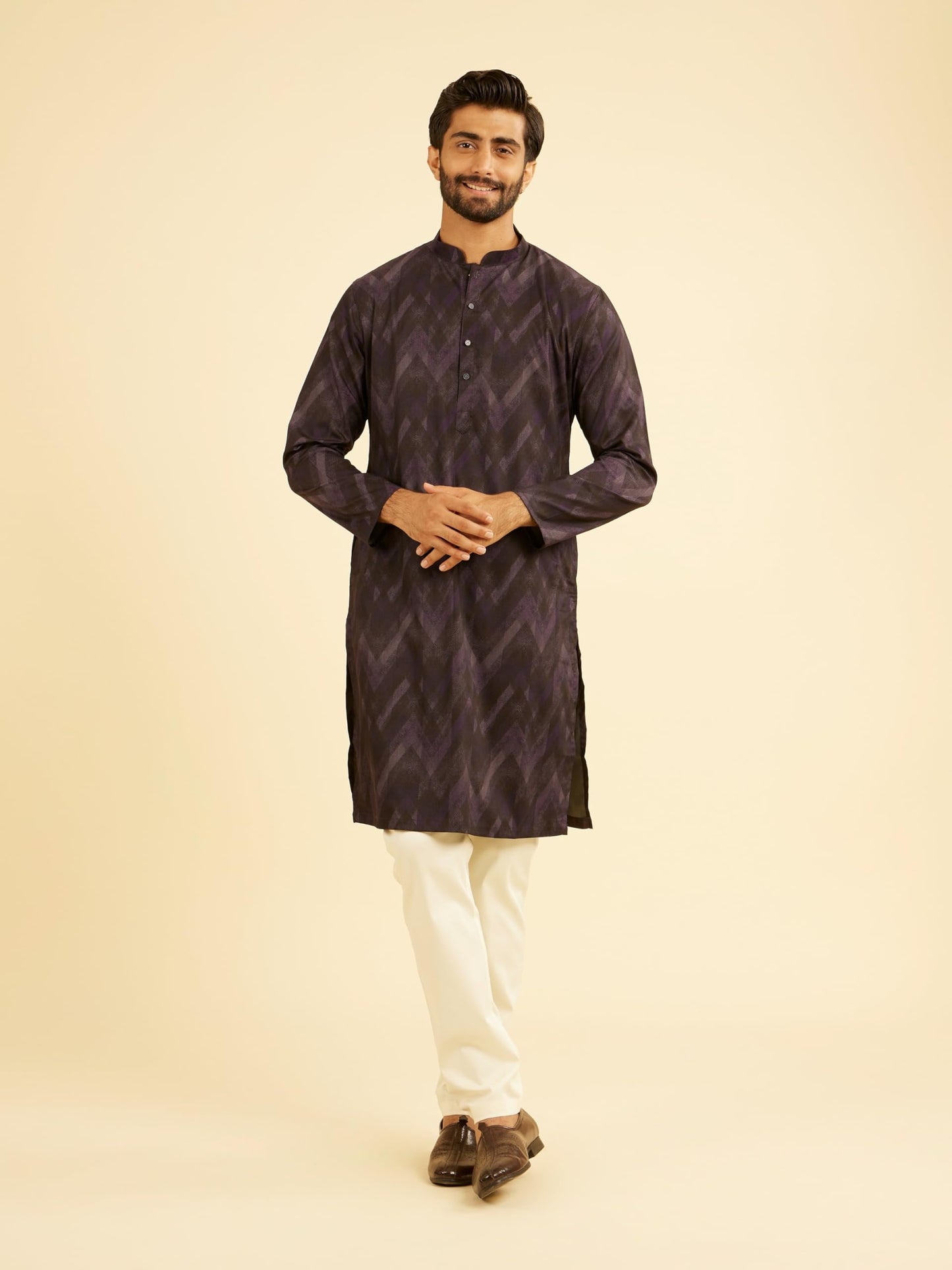 Manyavar Men's Spandex Chevron Patterned Kurta (Purple,XL)