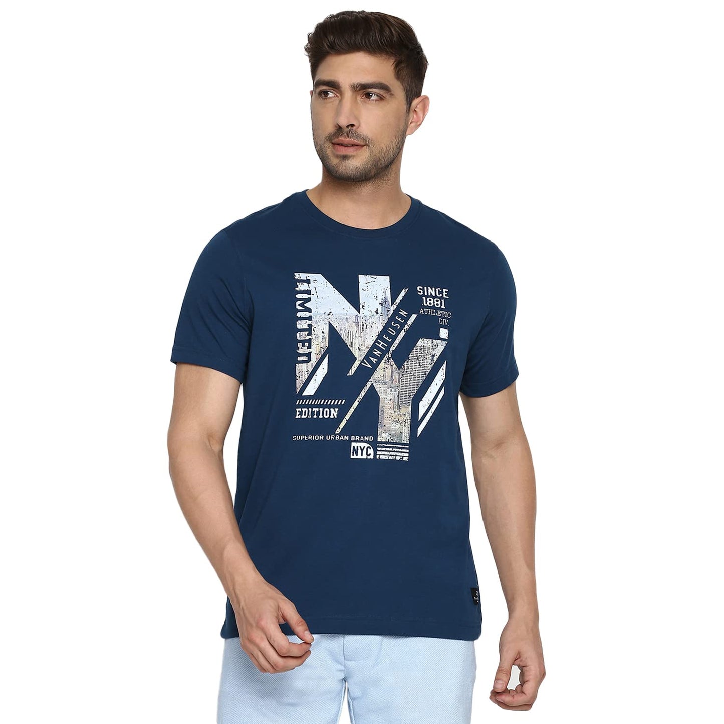 Van Heusen Athleisure Men Regular Fit T-Shirt - Cotton Rich - Crew Neck, Short Sleeve, Chest Graphic_60096_Deep Sea Lt_Medium, Blue