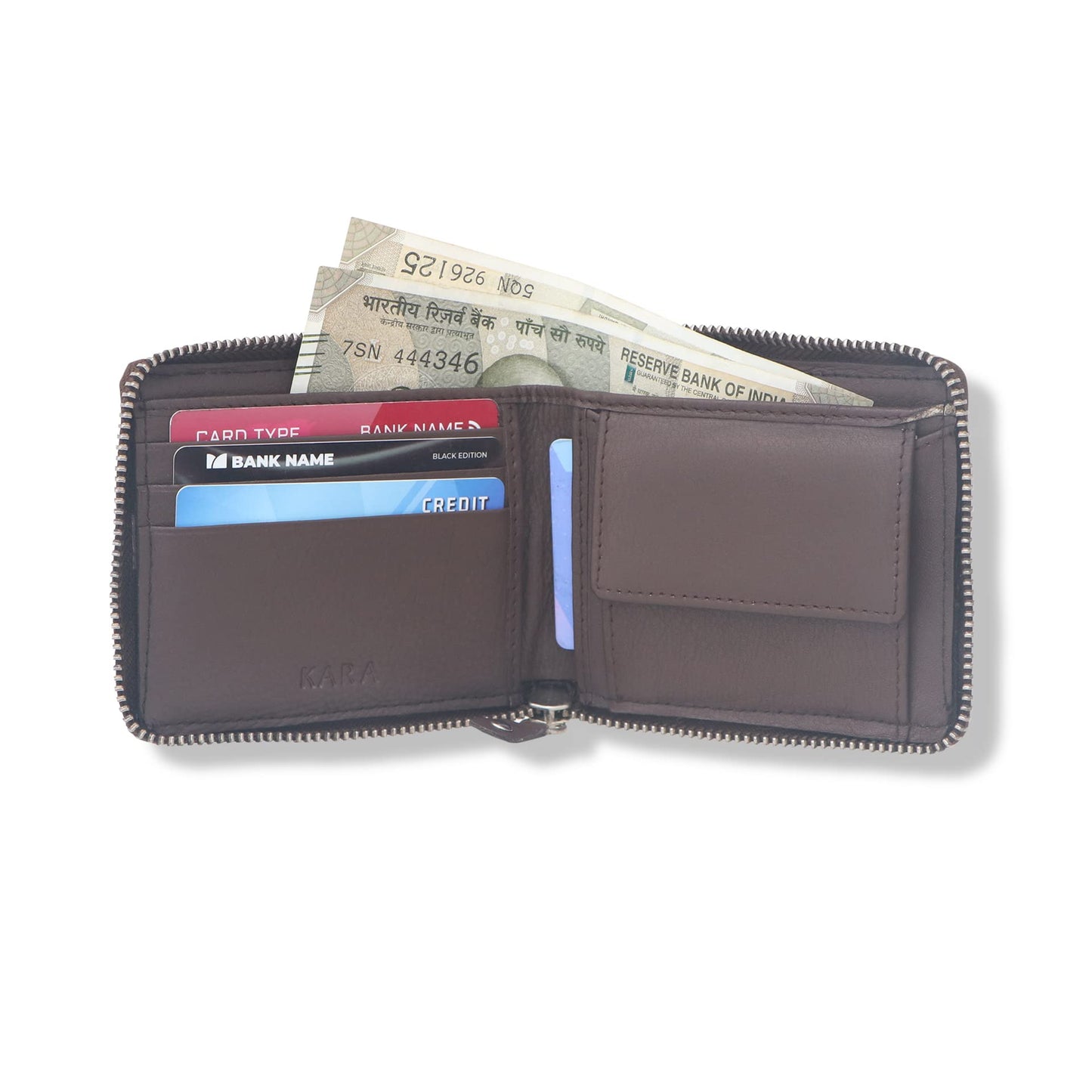 KARA Tan Zipper Men's Leather Wallet - Bifold Zipper Closing Wallet for Men with Coin Pocket and 3 Debit Card Holder Slot