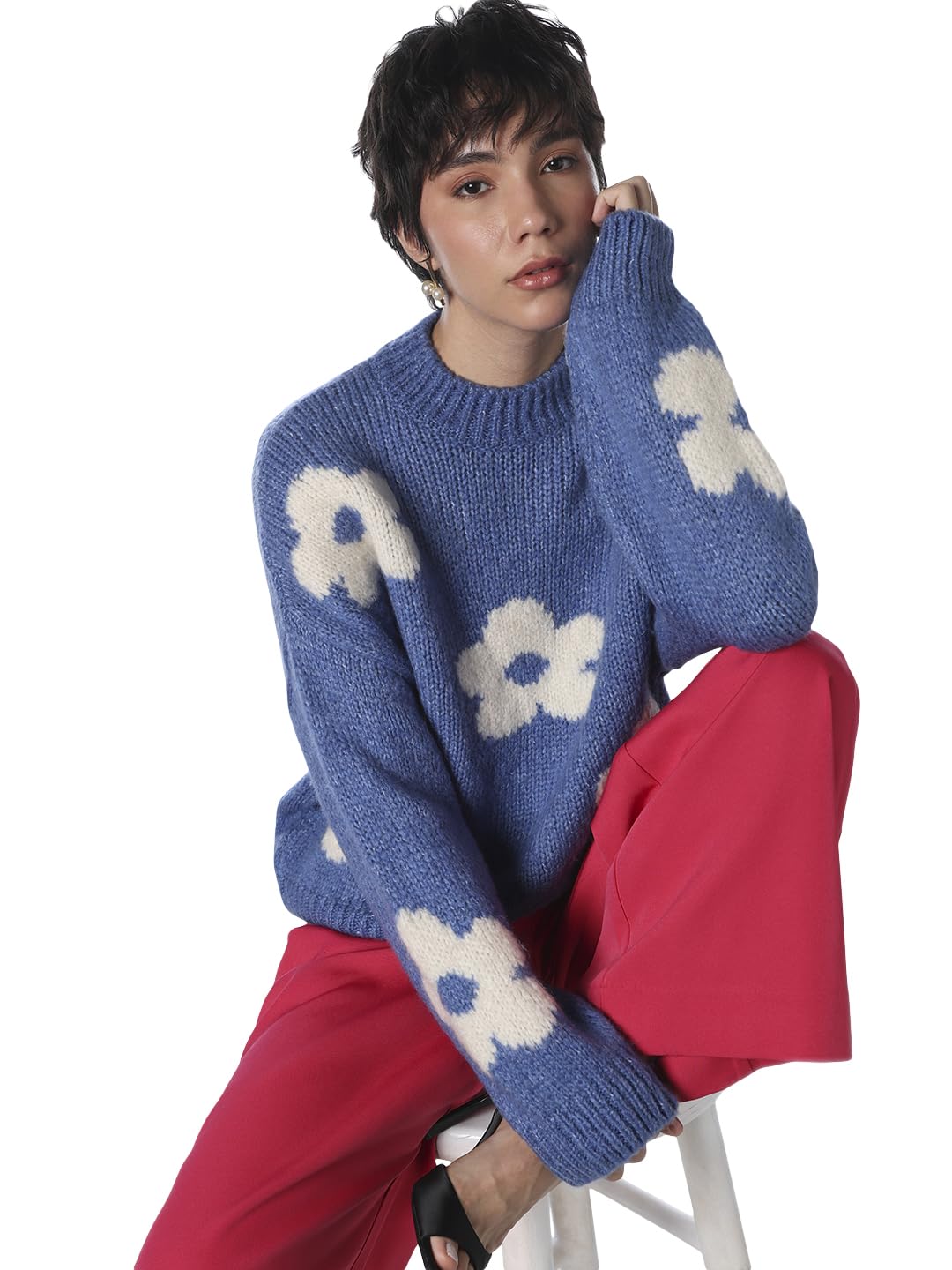 ONLY Jdykilian Flower Floral Self Design Pullover with Fuzzy Detail
