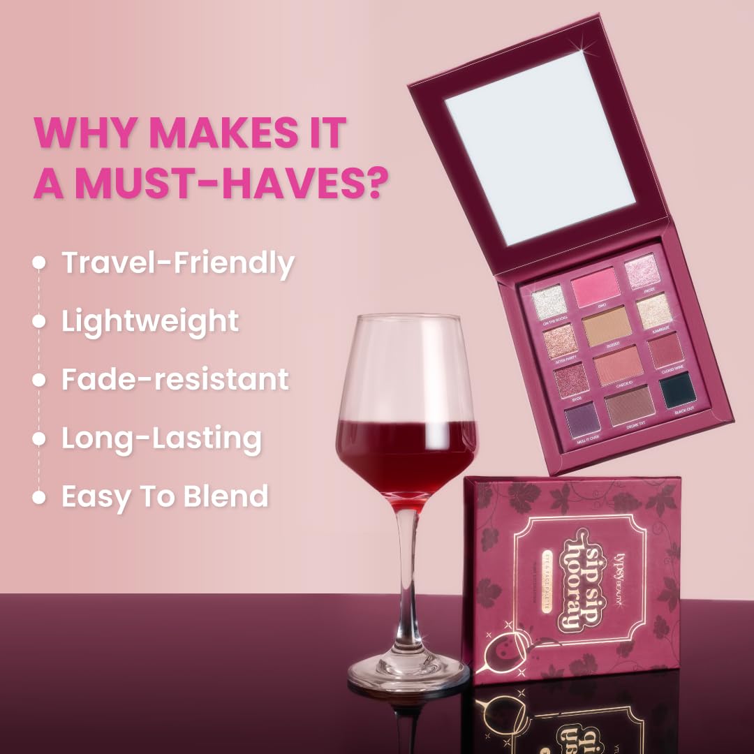 Typsy Beauty 12 Shades Sip Sip Hooray Wine Eyeshadow Palette I Highly Pigmented I Soft & Blendable Formula with Mattes, Mettalics & Foils I Bridal & Occasion Wear I Formulated In Italy I 24g