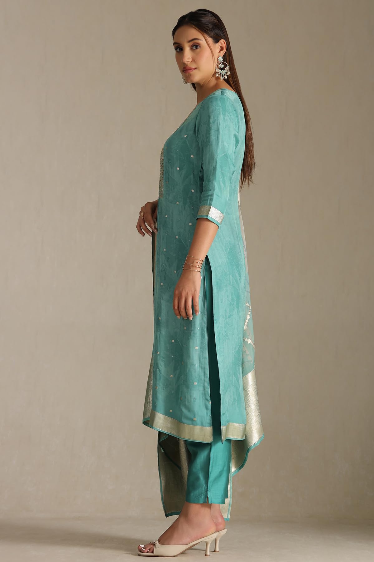 Soch Womens Organza Zari Woven Suit Set With Faux Mirror And Sequins