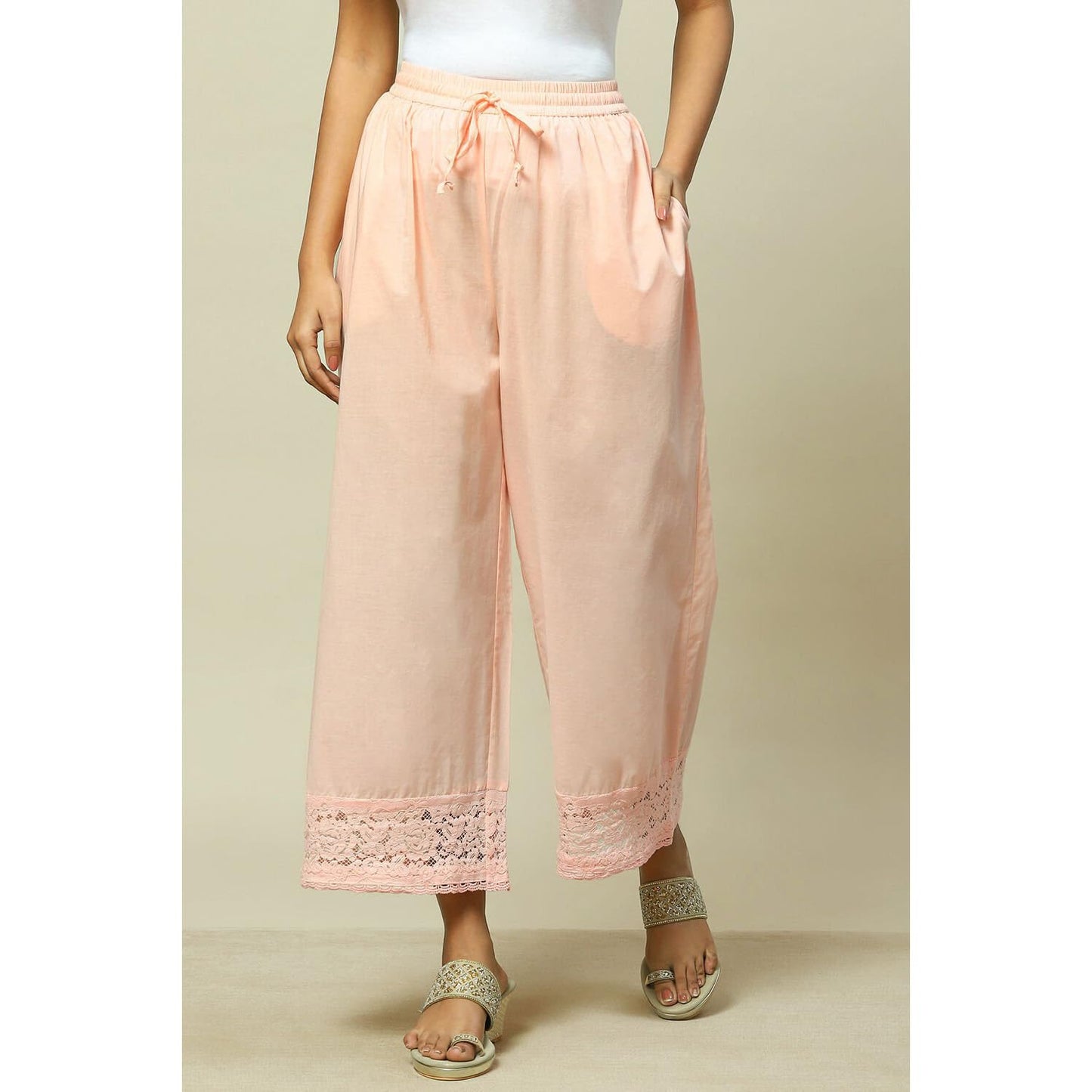 Rangriti Women Cotton Solid Palazzo (RMMLOVELAC18034_Pink_M)