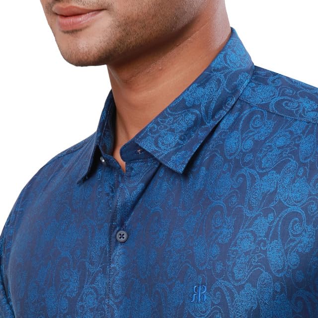 Raymond Men's Slim Fit Jacquard Pattern Pure Cotton Semi Cutaway Collar Long Sleeve Dark Petrol Casual Shirt Blue