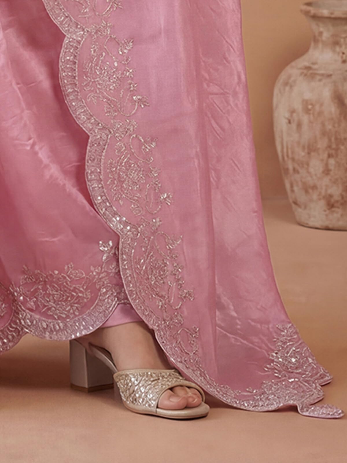 SIRIL Women's Tissue Silk Sequins Embroidery Saree with Unstitched Blouse Piece (4282S6778AA_Rose Pink)