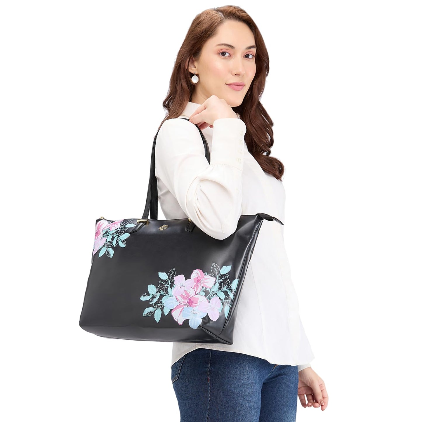 Caprese Shanaya Tote Bag, Large-Black | Stylish Handbag for Women | Spacious, Versatile Office & Daily Essentials Tote | Top Zip Closure