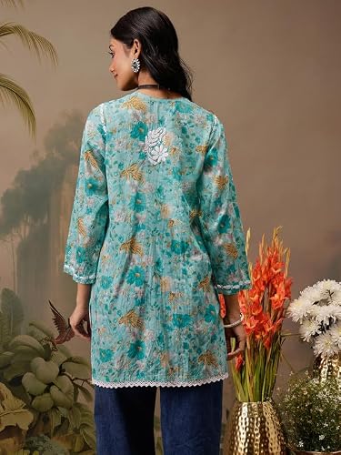 Ada Hand Embroidered Lucknowi Chikankari Printed Cotton Short Kurti Top Tunic for Women A911454 Blue (L)