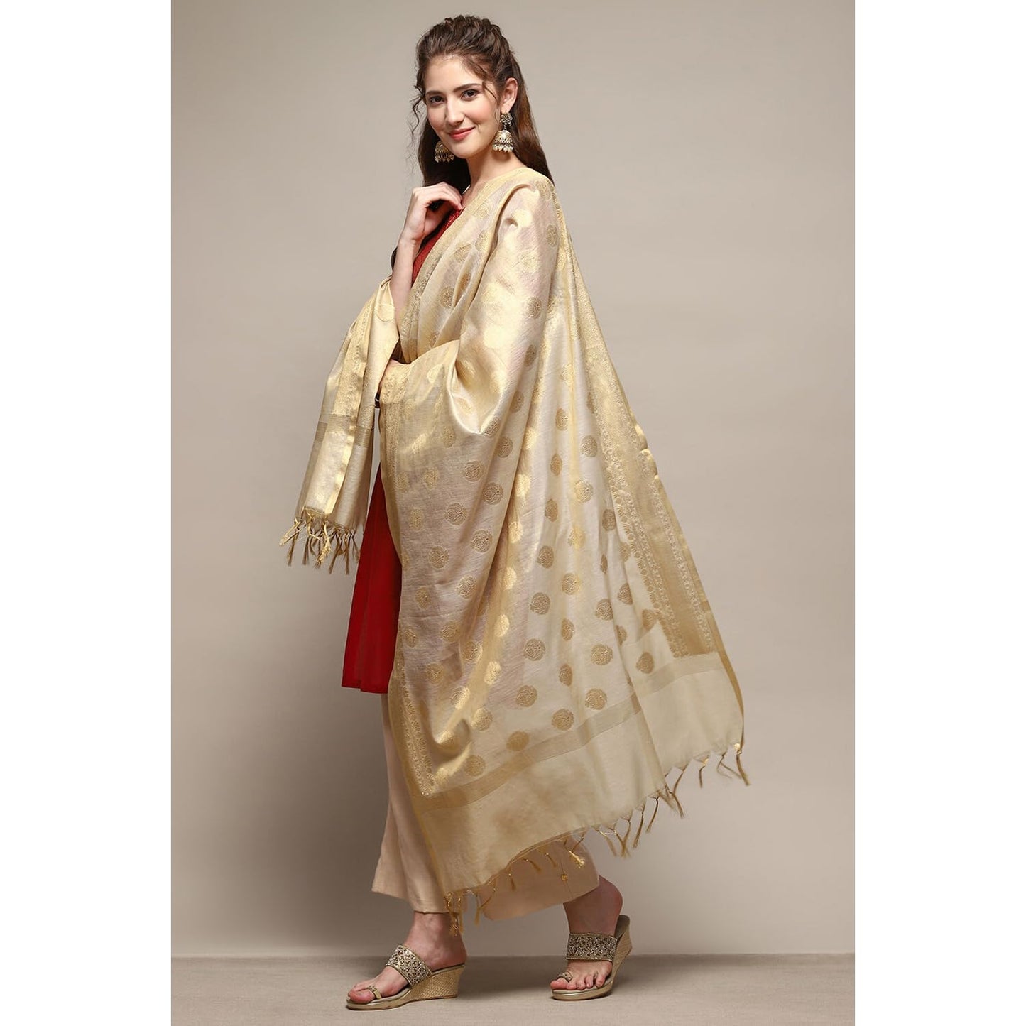 BIBA Women's Gold Polyester Yarn dyed Dupatta