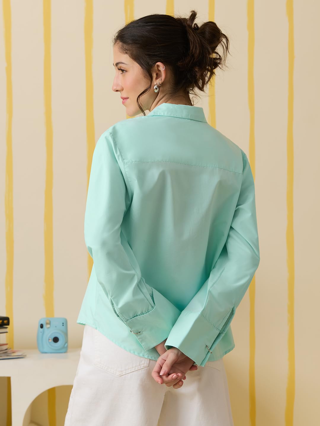 The Souled Store Easy Solids: Spearmint Women and Girls Full Length Spread Collar Mint Green Solid Cotton Blend Relaxed Fit Metal Ring Detail Wrinkle-Resistant Lightweight Everyday Shirt