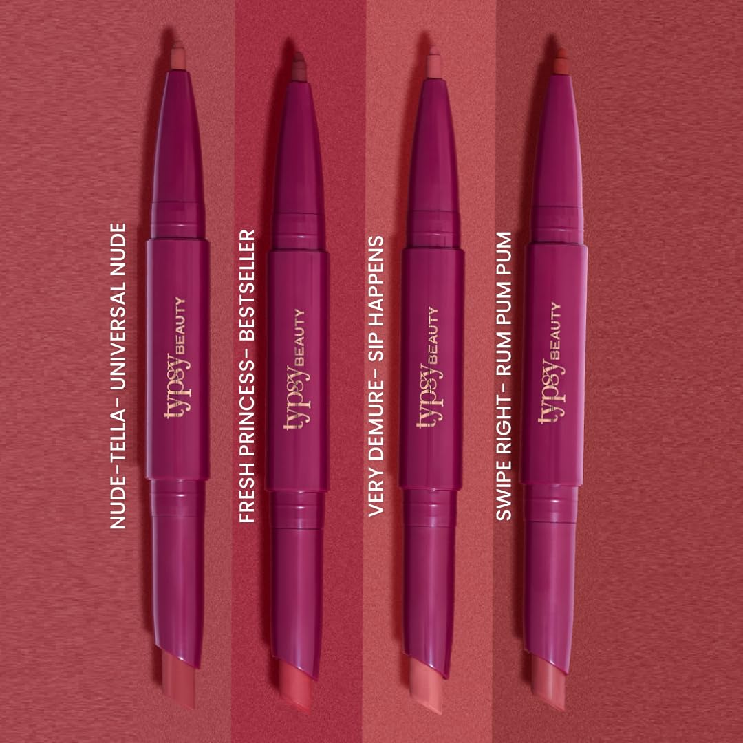 Typsy Beauty Twist & Pout Lipstick & Lip Liner I Lipstick with Matching Liner for Defined Lips I Fresh Princess | Matte Finish & Contoured Lip Effect I Rose Pink | Paraben Free | 0.75 + 0.16g