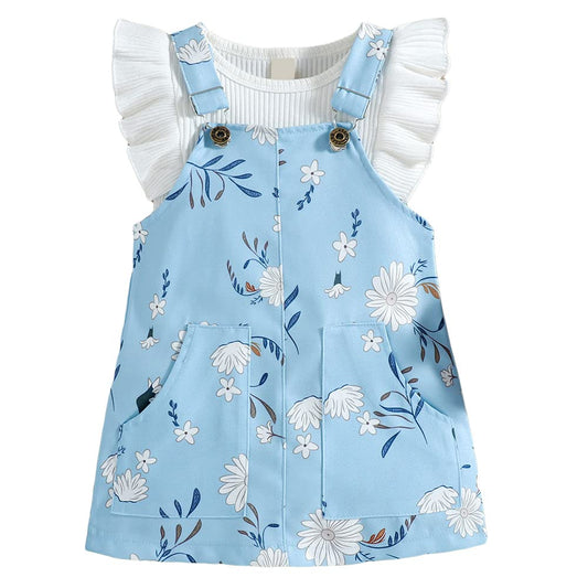 Hopscotch Girls Cotton and Polyester Floral Print T-shirt & Overall Pinafore Set in White Color For Ages 4-5 Years (BE1-4066901)