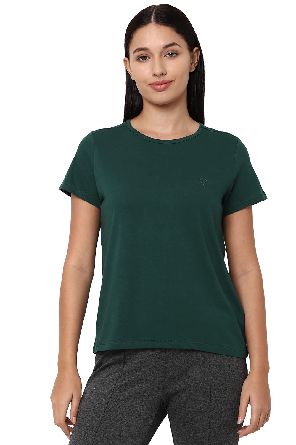 Allen Solly Women's Cotton Solid Regular Fit T-Shirt (Ahkccrgpf98920-M_Teal M)