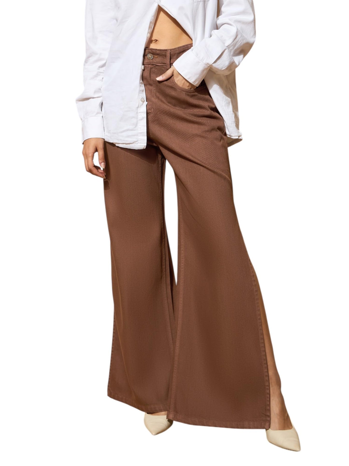 barcino Side Slit Wide Leg Jeans Brown
