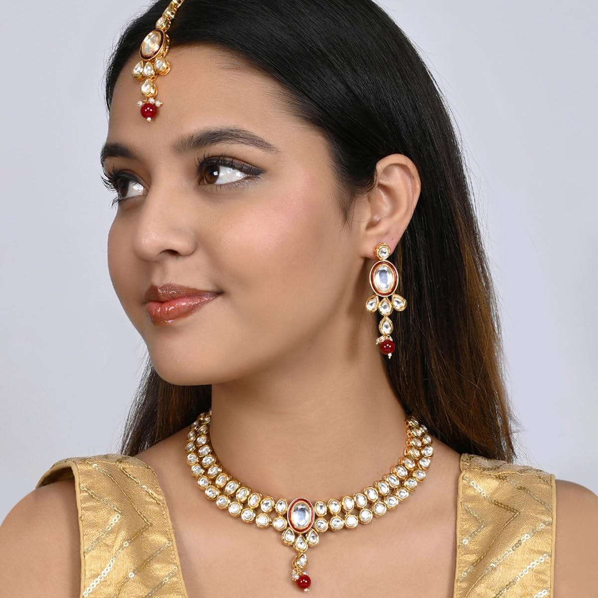 VOYLLA Kundan Elegance Round Cut Kundan Maang Tika Set For Women|Jewellery Set For Women|Womens Gift|Gift For Her|