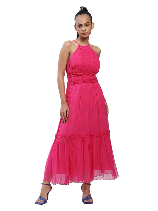 Label RITU KUMAR Halter Neck Solid Long Dress Pink