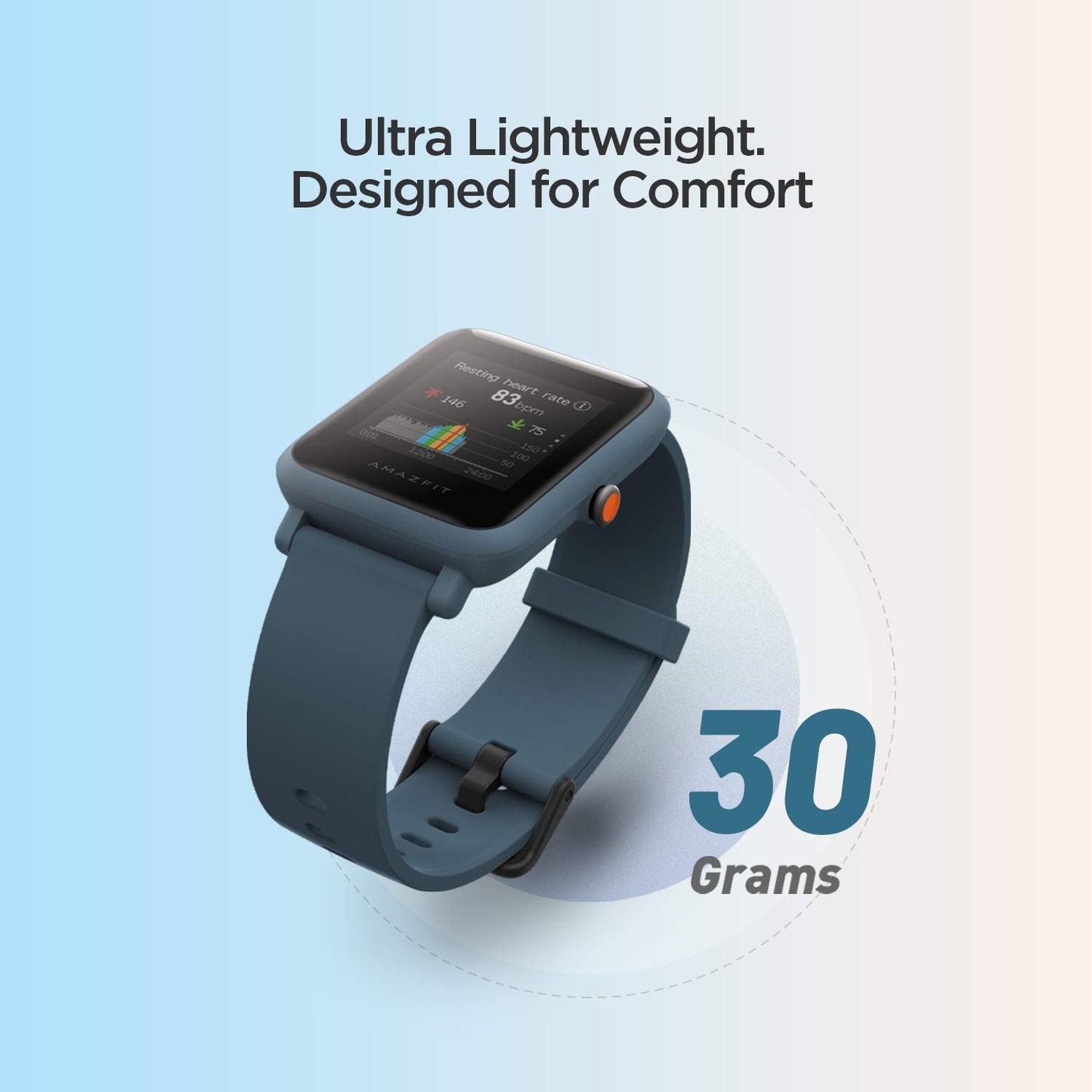 Amazfit Bip S Lite Smart Watch, 30 Days Battery Life, 150+ Watch Faces, Always-on Display, 30g Lightweight, 5 ATM Water Resistance, 8 Sports Modes (Oxford Blue)