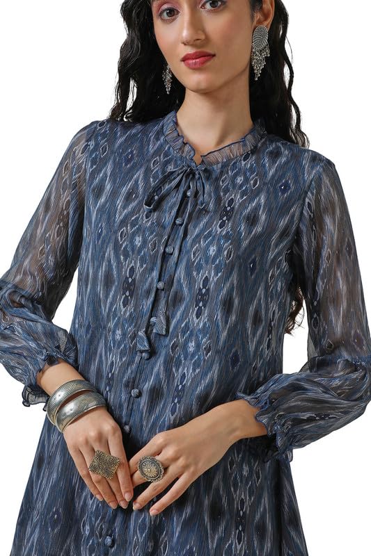 Soch Womens Blue Chiffon Ikat Print A Line Tunic with Tie-Up Neck