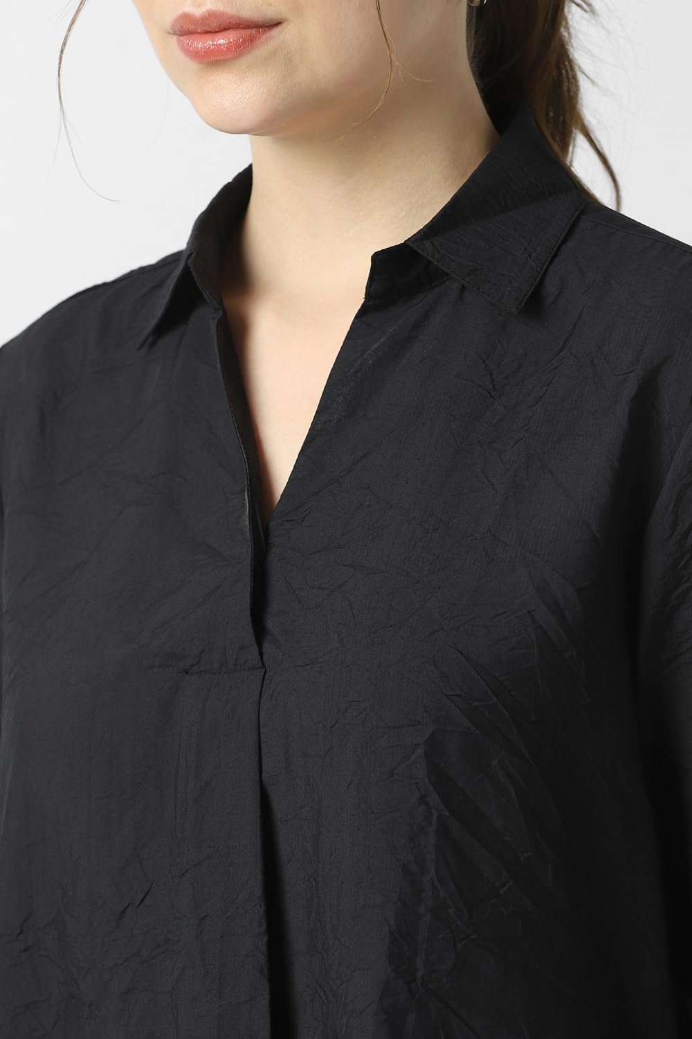 Women Black Solid Formal Stylized Neck Top