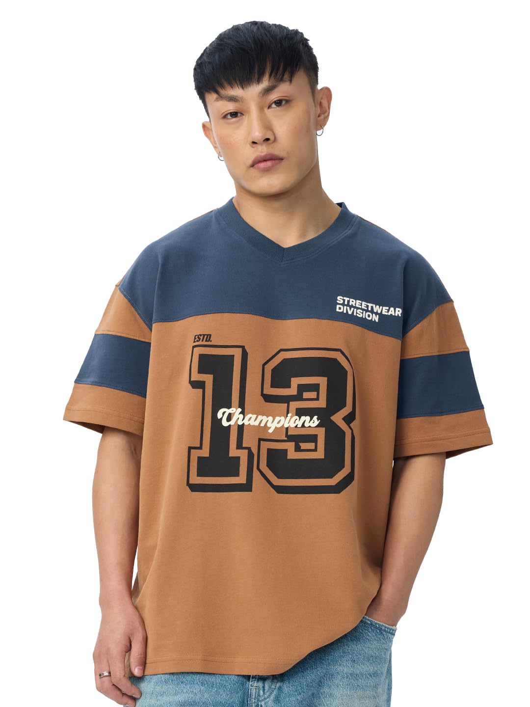 The Souled Store Colourblock: Teal Terrain Men and Boys Short Sleeves V Neck Brown and Blue Cotton Oversized T-Shirts