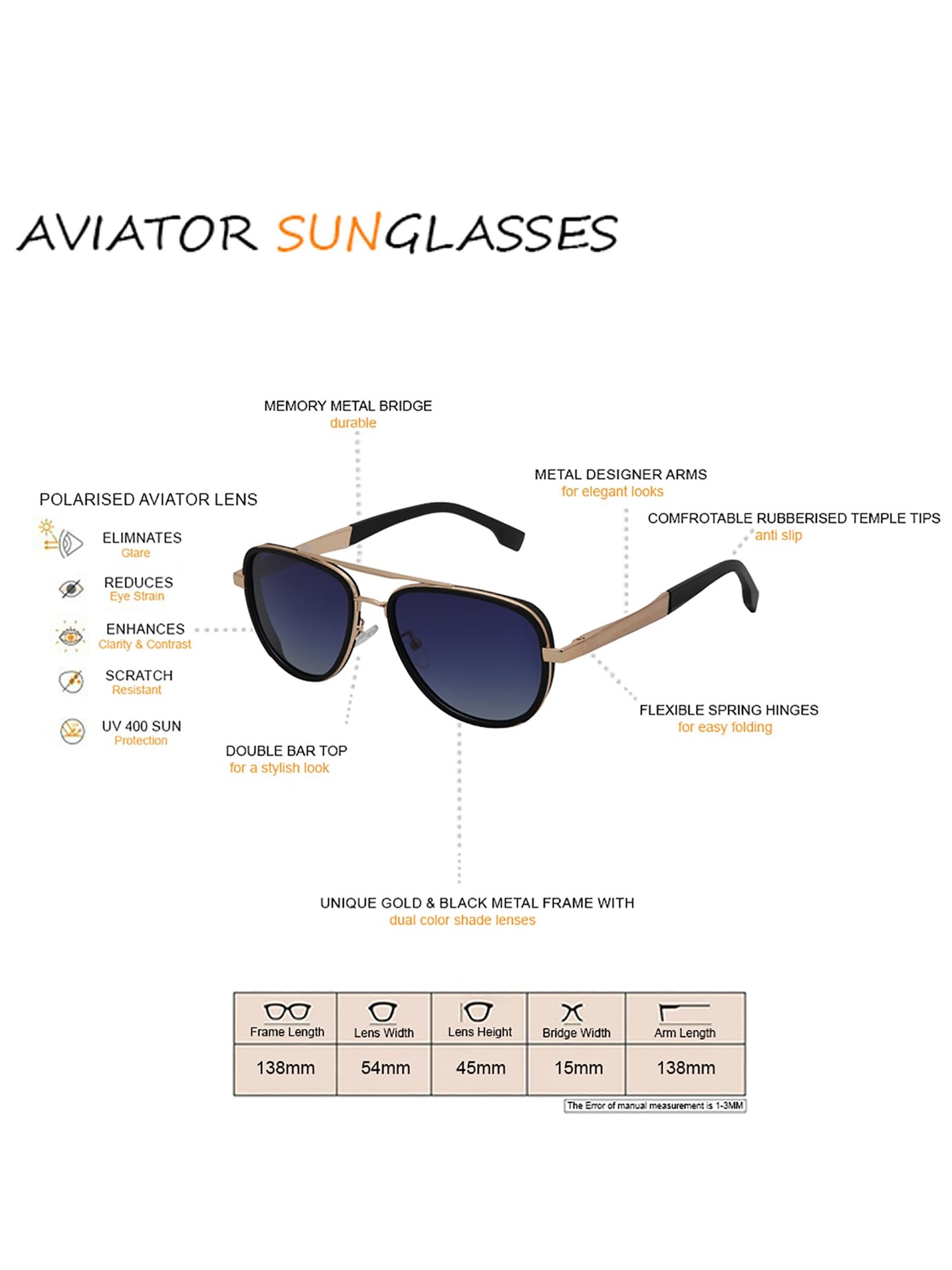 Carlton London Unisex Premium Rose Gold & Black Toned Blue UV with Polarised Lens Aviator Sunglass