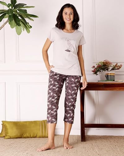 BODYCARE Women's Cotton Printed T-Shirt and Capri Set | Soft & Breathable Nightwear | Short Sleeves | Loungewear Co-Ord Set| BSCS16036_100 Multicolour