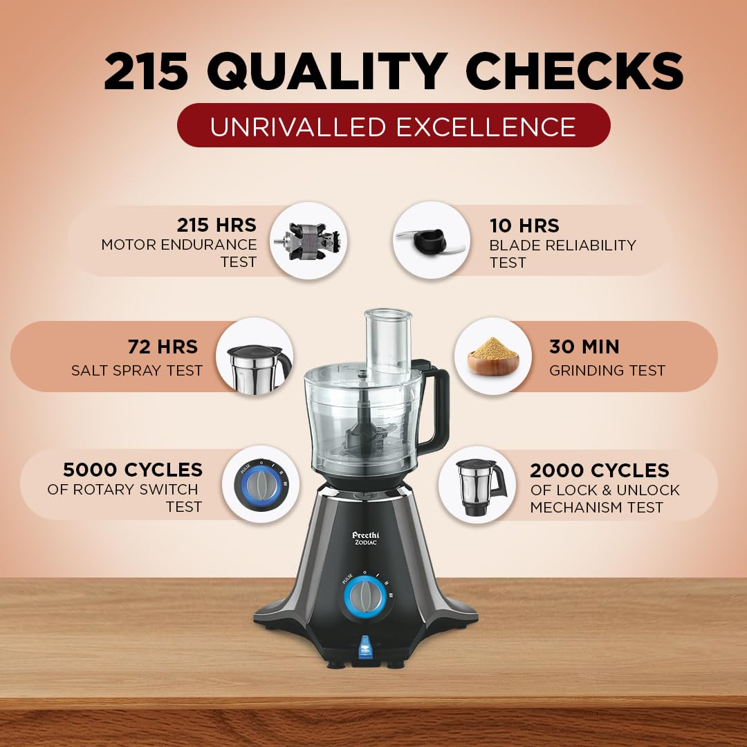 Preethi Zodiac MG-218 mixer grinder, 750 watt, Black/Light Grey, 5 jars - 3 In 1 insta fresh juicer Jar & Master chef food processor Jar, Vega W5 motor with 5yr Warranty & Lifelong Free Service