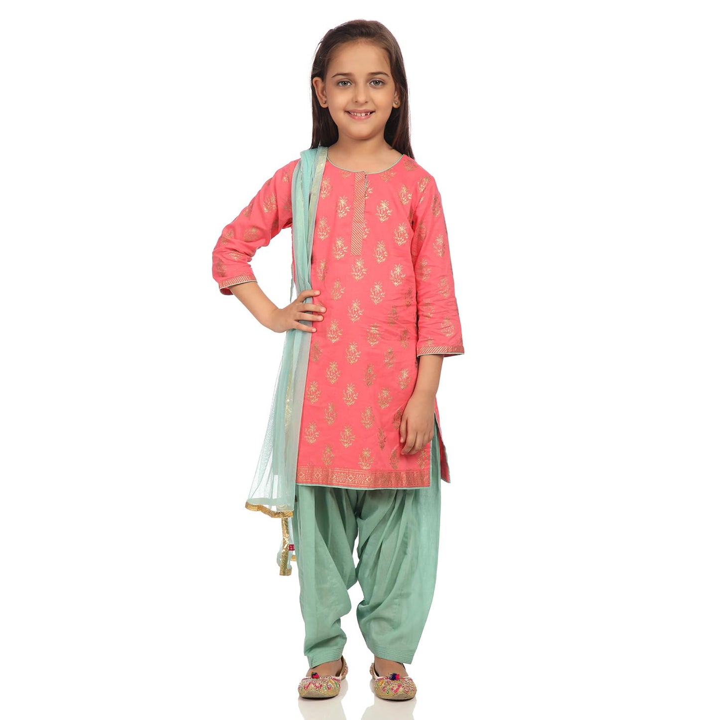 BIBA Girl's Ethnic Pink Cotton Kurta Set (Size_3)