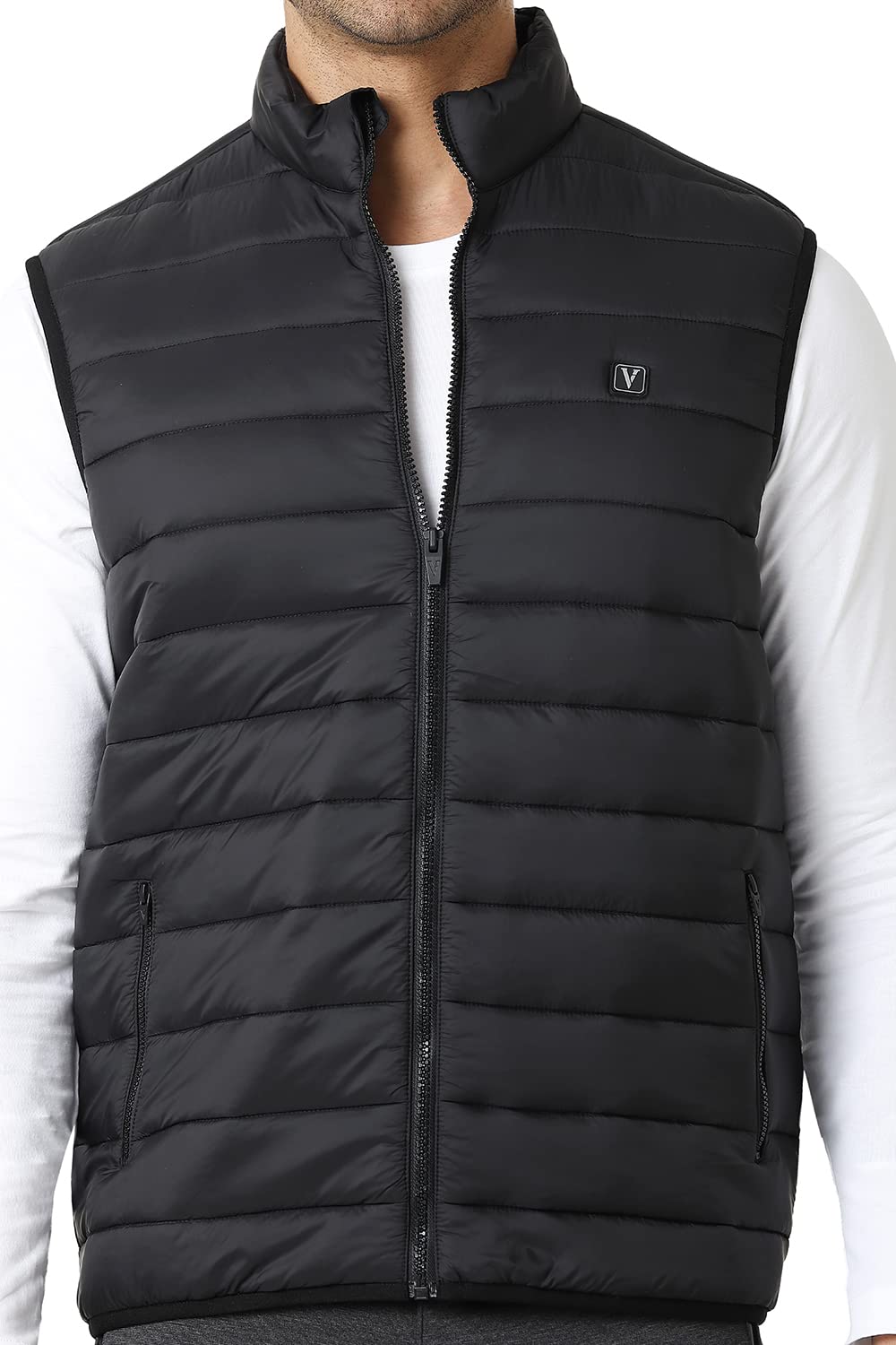 Van Heusen Athleisure Men Woven Jacket - 100% Nylon - Extra Warm, High Neck, Zip Front, Sleeveless_80005_Black_L