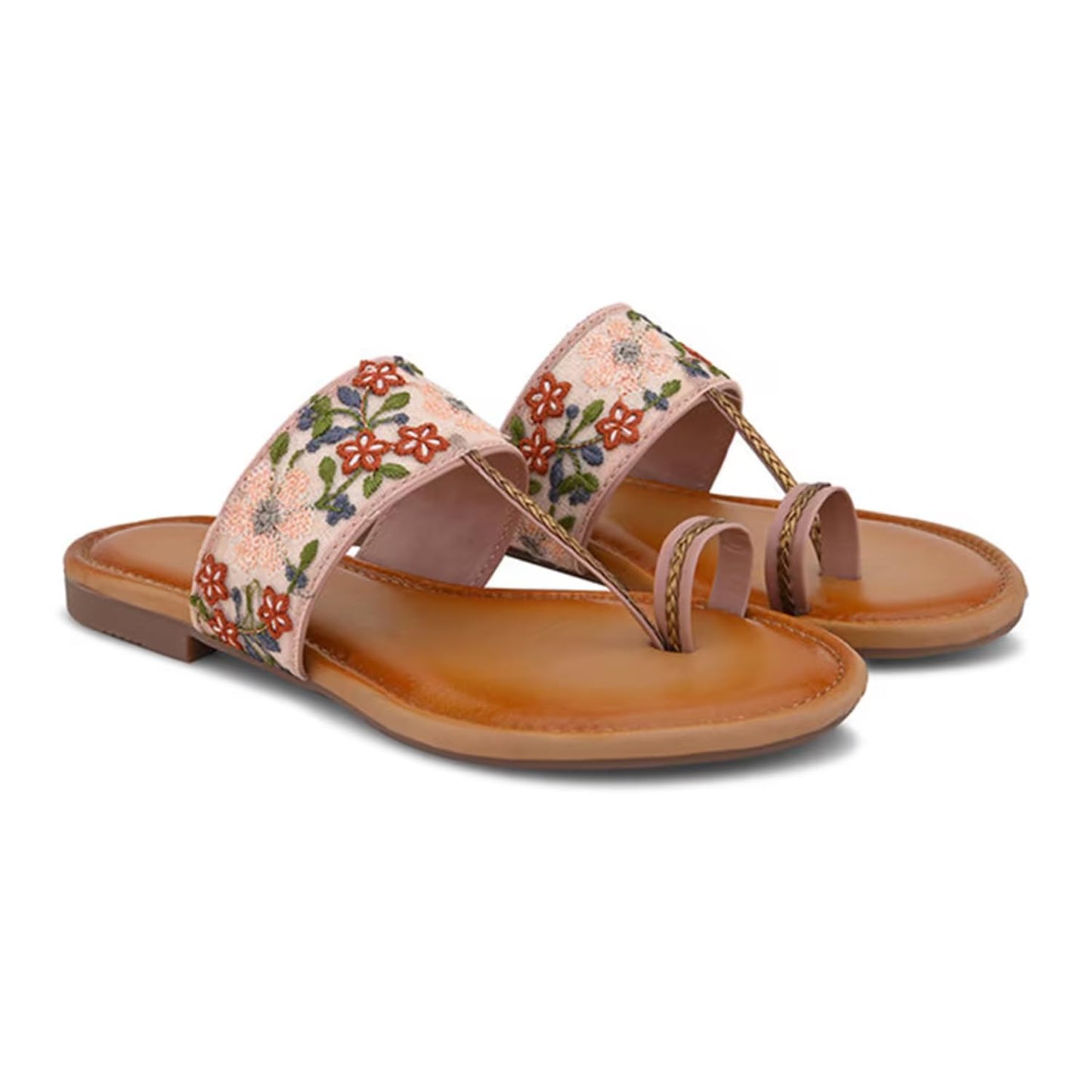 GLAM SOLES Women’s Embroidered Toe-Ring Flats | Elegant Floral Strap Design with Cushioned | Stylish & Comfortable Ethnic Sandals for Girls & Women, Peach