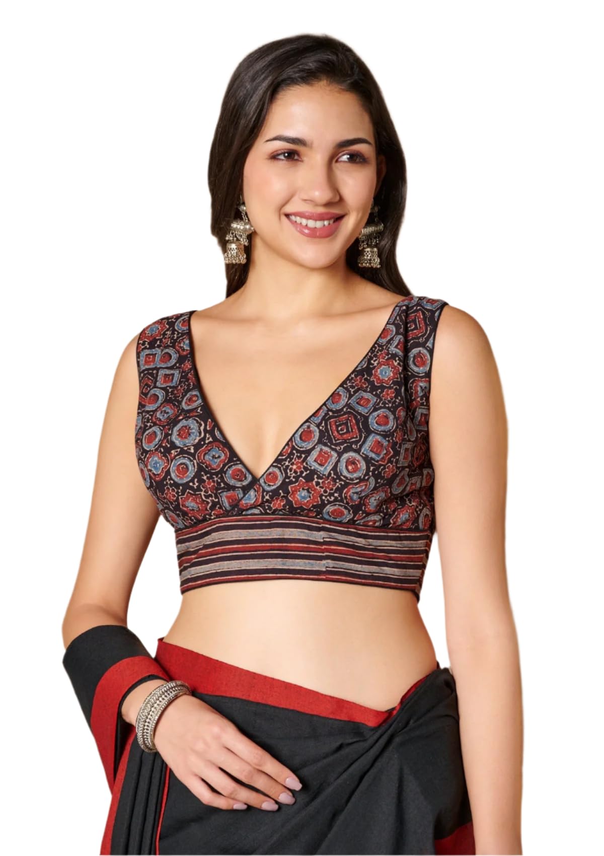 S SALWAR STUDIO Black Ajrakh Hand Block Printed Pure Cotton V Neck Readymade Blouse