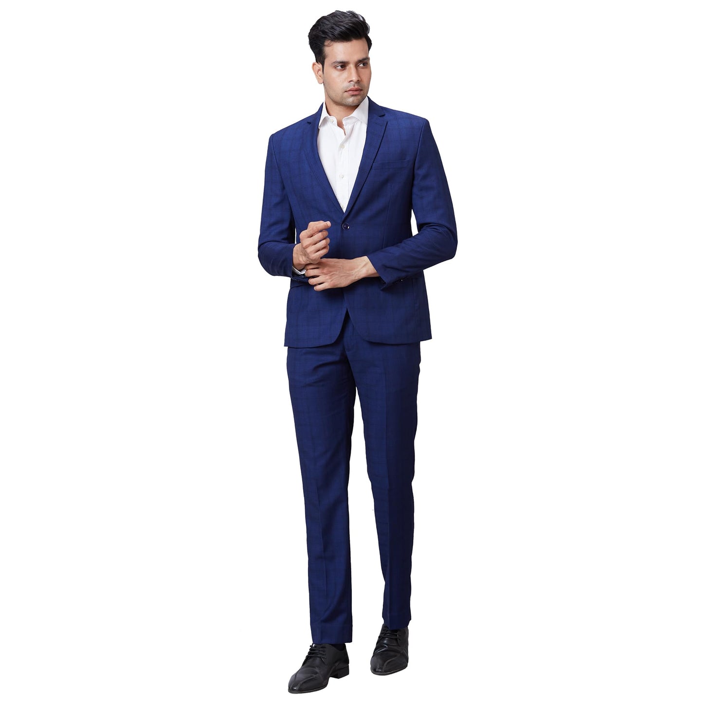 Park Avenue Men Super Slim Fit Twill Pattern Terry Rayon Blend Narrow Collar Flat Front Formal Suit (Size: 100)-PMDP04568-B8 Dark Blue