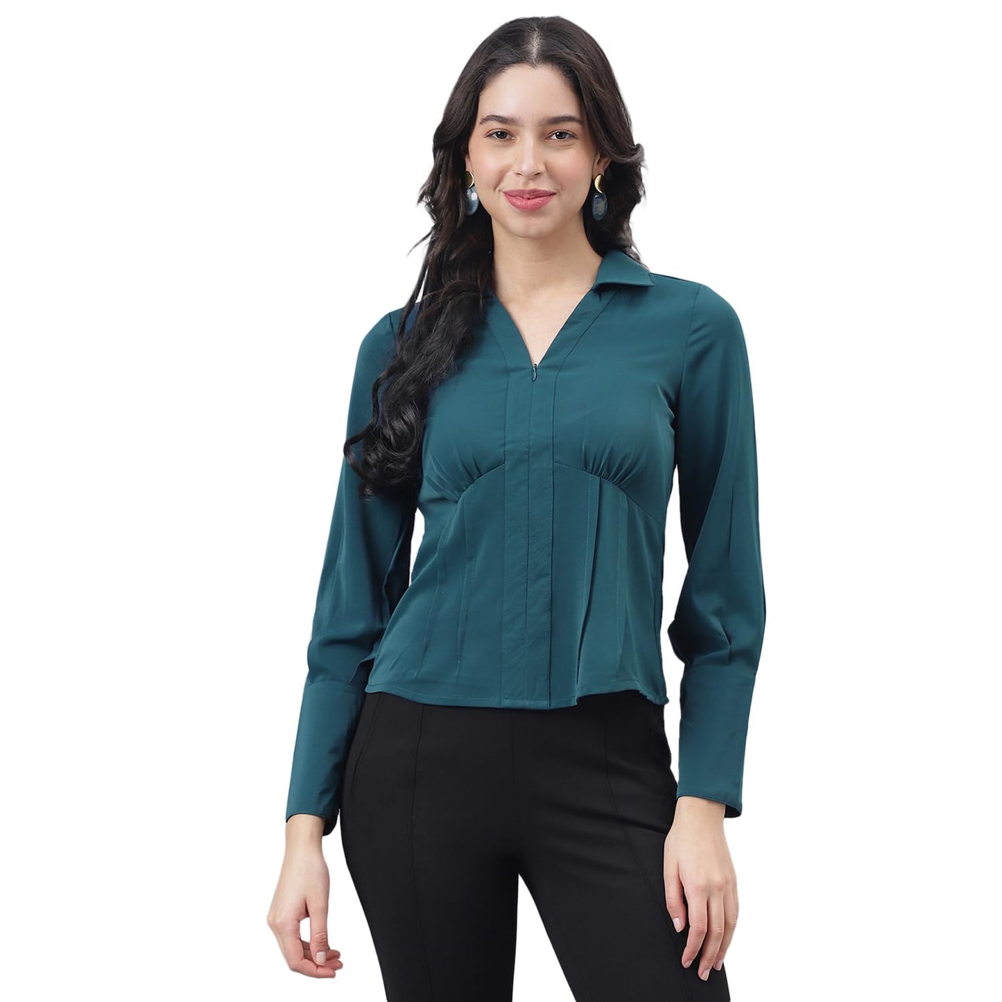 Latin Quarters Women Teal Half Sleeve Shirt Collar Solid Top_L