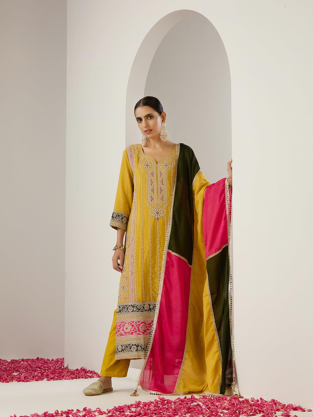 ishin Gold zari embroidered straight festive kurta with pants and dupatta
