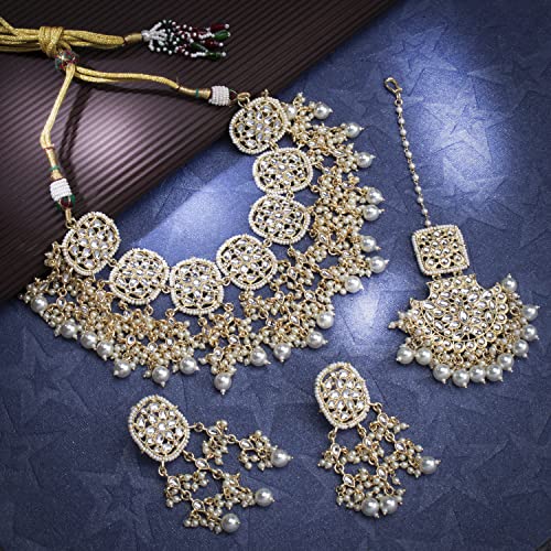 Sukkhi Sensational Gold Plated Kundan & Pearl Choker Necklace Set Worn By Karisma Kapoor (CBMIX100646)