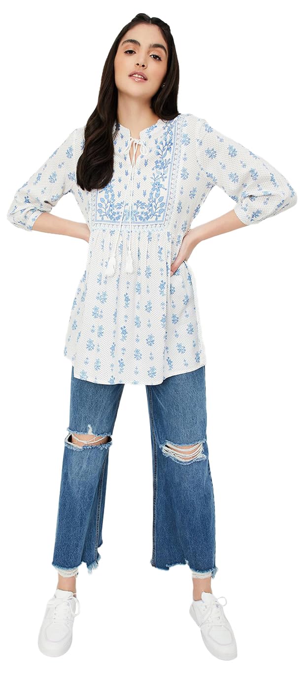 Max Women Printed Tie-Up Neck Tunic (INDIE41015OFF White)_L