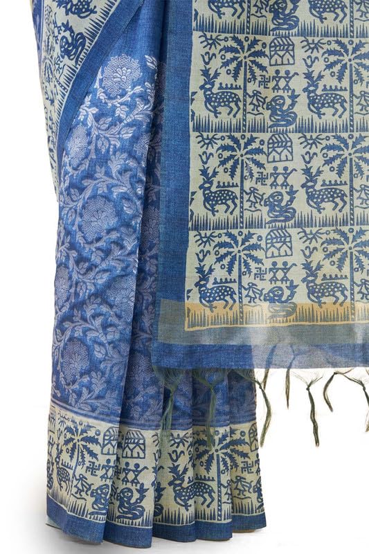 Soch Womens Indigo Tussar Silk Saree With Tribal Print And Zari Woven Saree