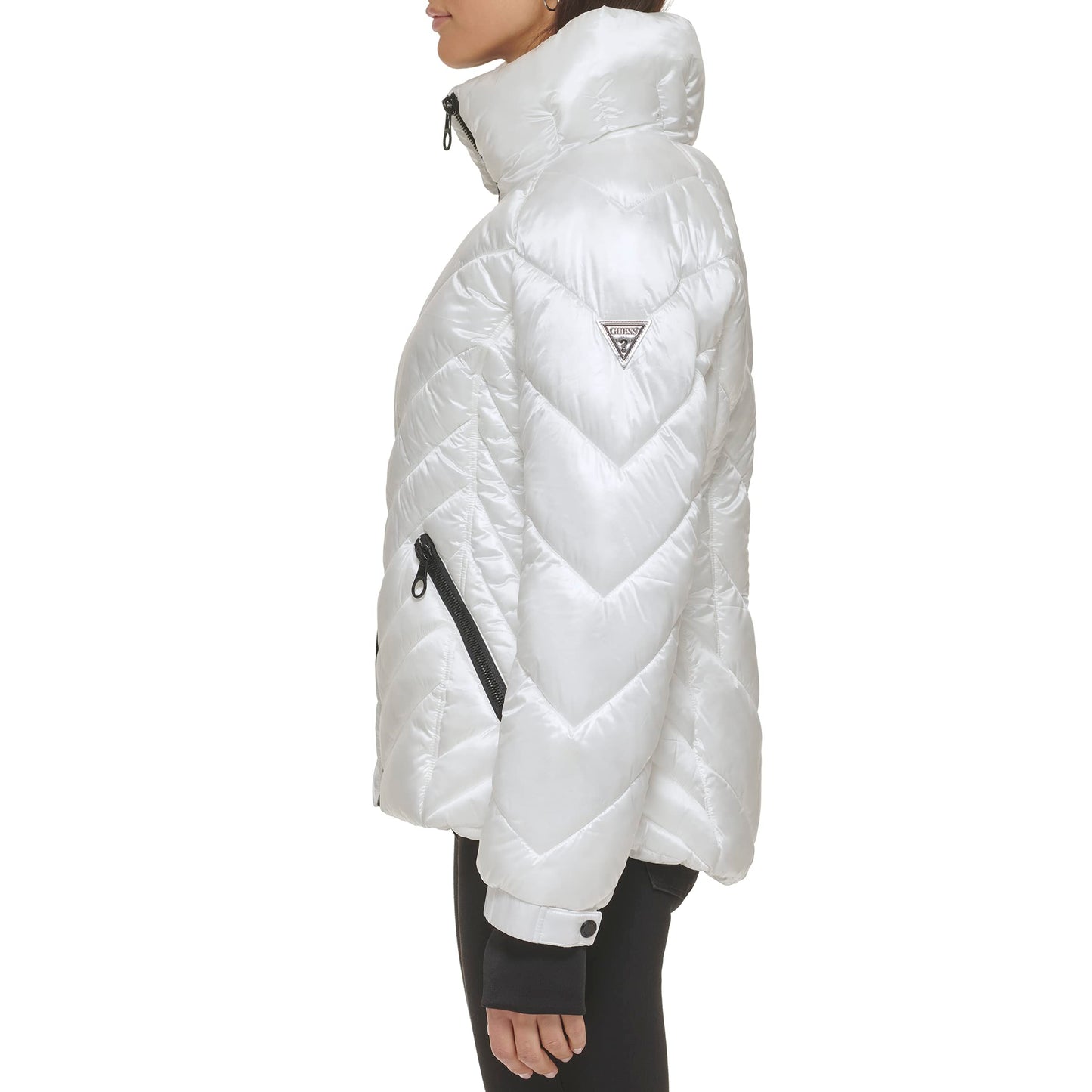 GUESS Women's Belted Softshell Jacket with Hood, White, S