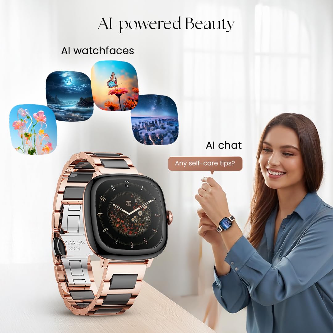 Titan AiRA 1.70" AMOLED Metal Case Square Display Smart Watch with Silicone Strap Stress Monitoring, 1000 Nits, Functional Crown, AI Enabled, IP68 Water Resistant Upto 7 Days Battery Life - Rose Gold
