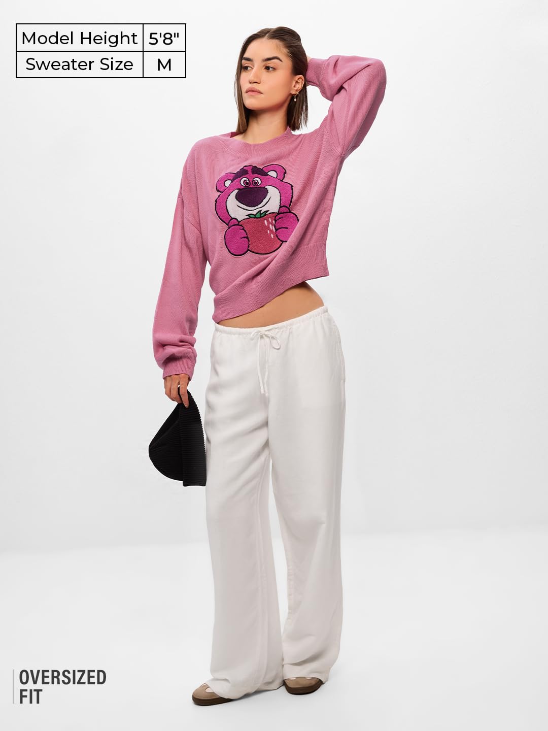 The Souled Store Disney: Lotso Bear Women and Girls Toweling Embroidered Oversized Sweater Pink