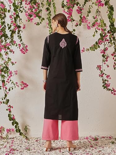 Ada Hand Embroidered Lucknowi Chikankari Straight Cotton Round Neck Kurti Kurta for Women A411771 (2XL) Black/Pink