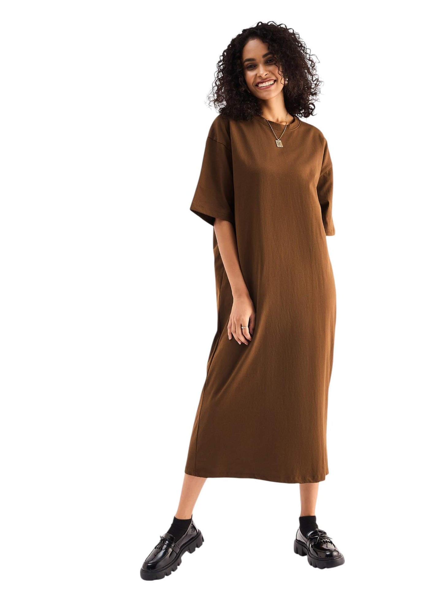 SASSAFRAS Women's Cotton Jersey Midi Length T-Shirt Dress (SFDRSS12129_Brown_2XL)