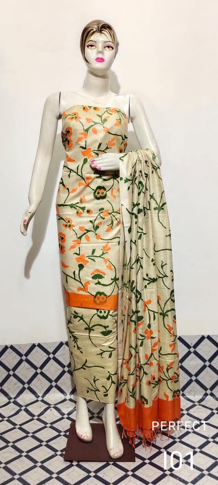 ZERATEX Women's Cotton Silk Handcrafted Screen Print Unstitched Salwar Suit Dress Material With Duputta (Orange)