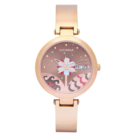 Chumbak Bloom Metal Watch | Rosegold with Brown Dial|Stylish Fashion Watch for Casual/Work|Gifts for Women/Girls/Ladies|Wrist Watches for Women