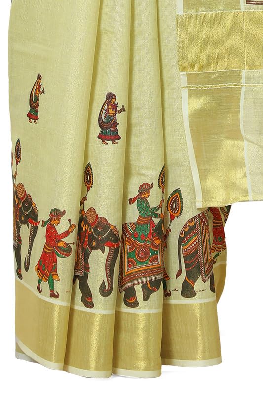 Soch Womens Cream Tissue Kasavu Saree