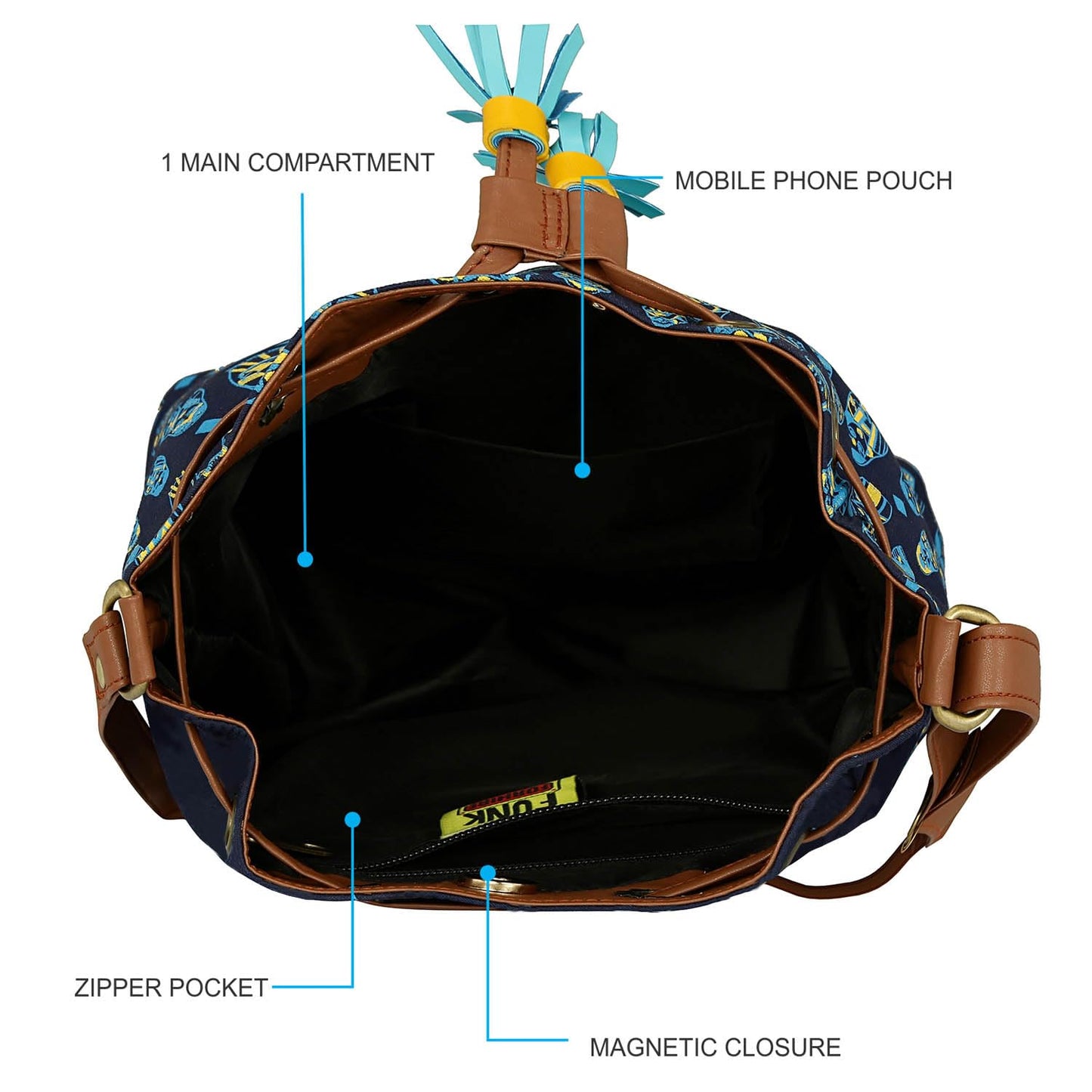 Funk For Hire Women’s Drawstring Sling Bag | Screen Printed Cotton Canvas with PU Details | Waterproof Nylon Lining | Adjustable Strap | Lightweight Handcrafted Shoulder Bag – Navy