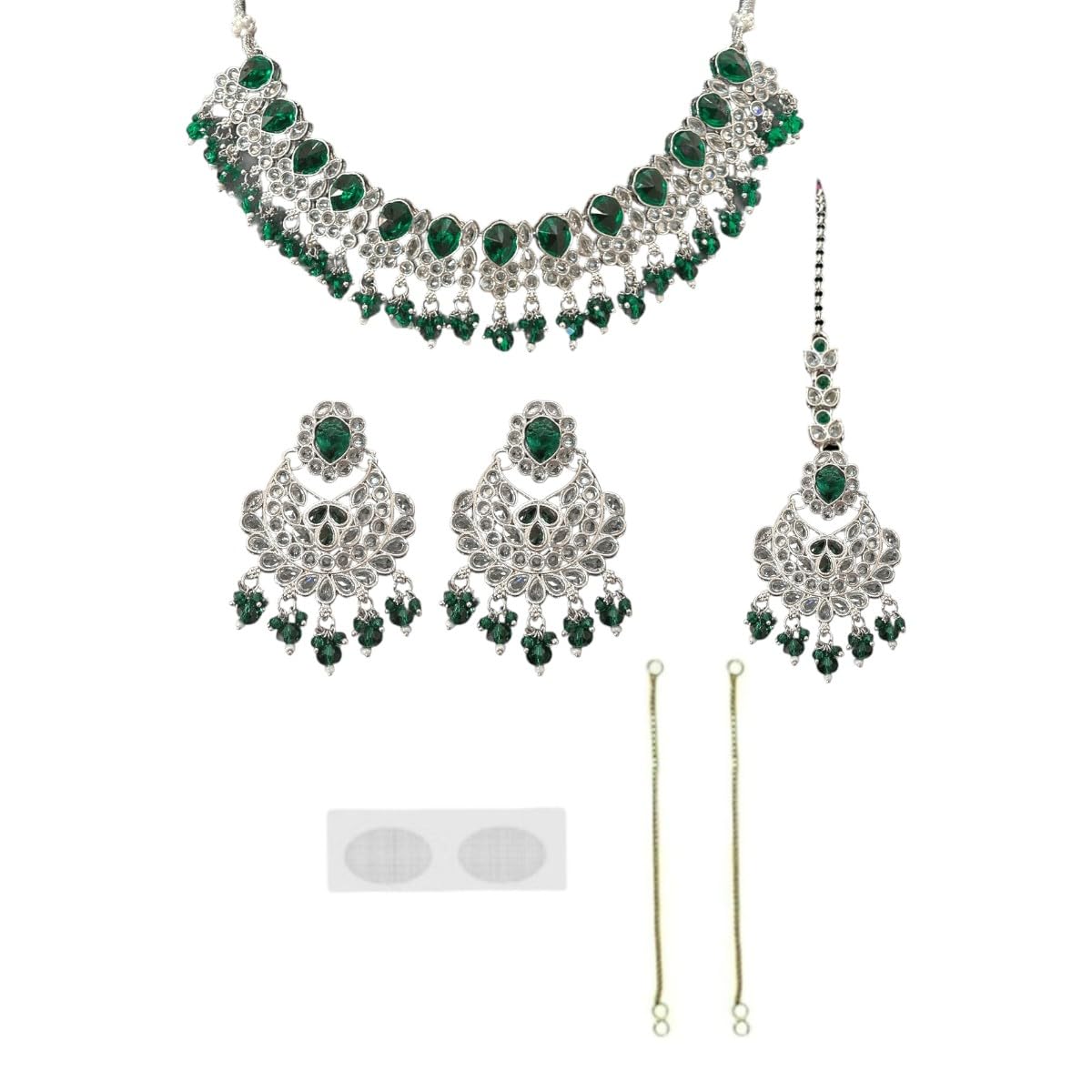 ACCESSHER Green Silver-Tone AD Necklace With Matching Earrings & Maangtikka with a Pair of Gold Plated Earring Supporter & Maangtikka Supporter Patch | For Women & Girls
