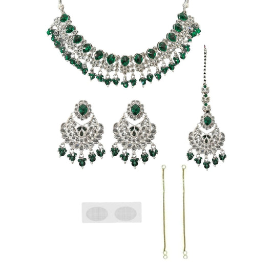 ACCESSHER Green Silver-Tone AD Necklace With Matching Earrings & Maangtikka with a Pair of Gold Plated Earring Supporter & Maangtikka Supporter Patch | For Women & Girls