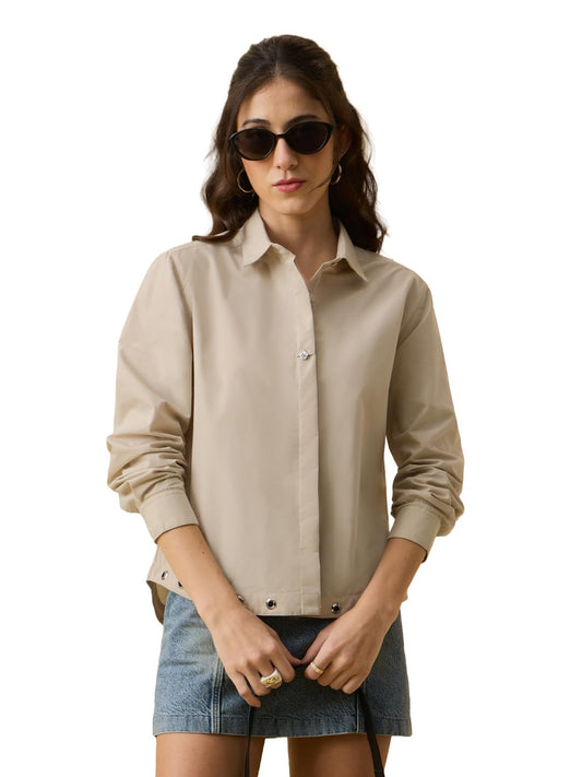 The Souled Store Easy Solids: Buttercream Women and Girls Full Length Sleeves Spread Collar Light Beige Solid Cotton Polyester Relaxed Fit Metal Rivet Detail Lightweight All-Season Shirt