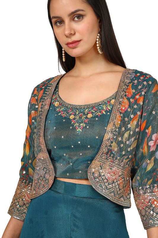 Soch Womens Teal Tissue Embroidered Co-Ord Set With Sequins