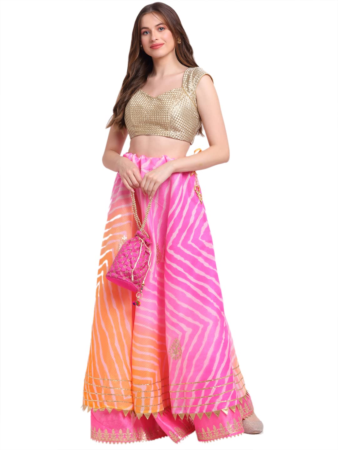 JABAMA® Women's Cotton Kota Doriya Gota Patti Work Lehenga Skirt (Pink-Orange, M, SK368-M_GRP)